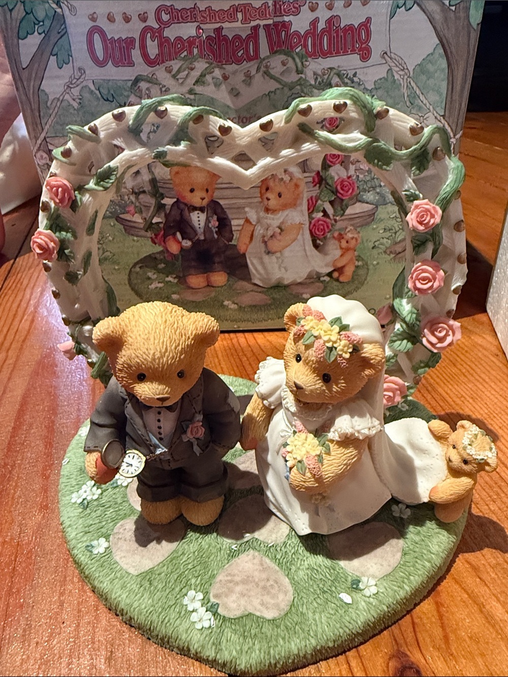 Cherished Teddies Wedding Bear Couple Figurine - White, Green & Pink